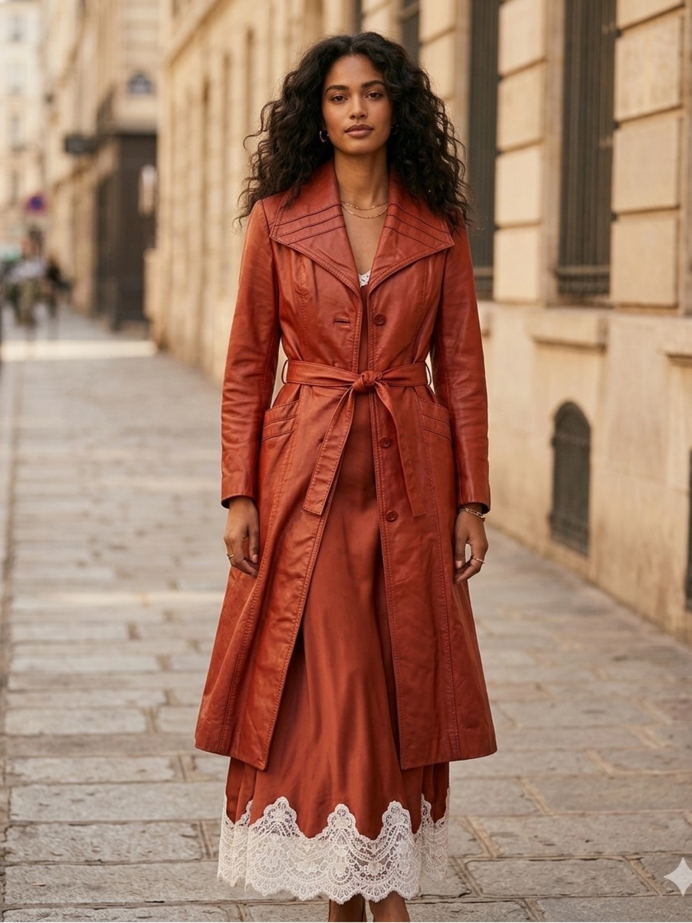 Vintage Leather Trench Coat, Likely Dating From the 1970s. 
Burnt red color.